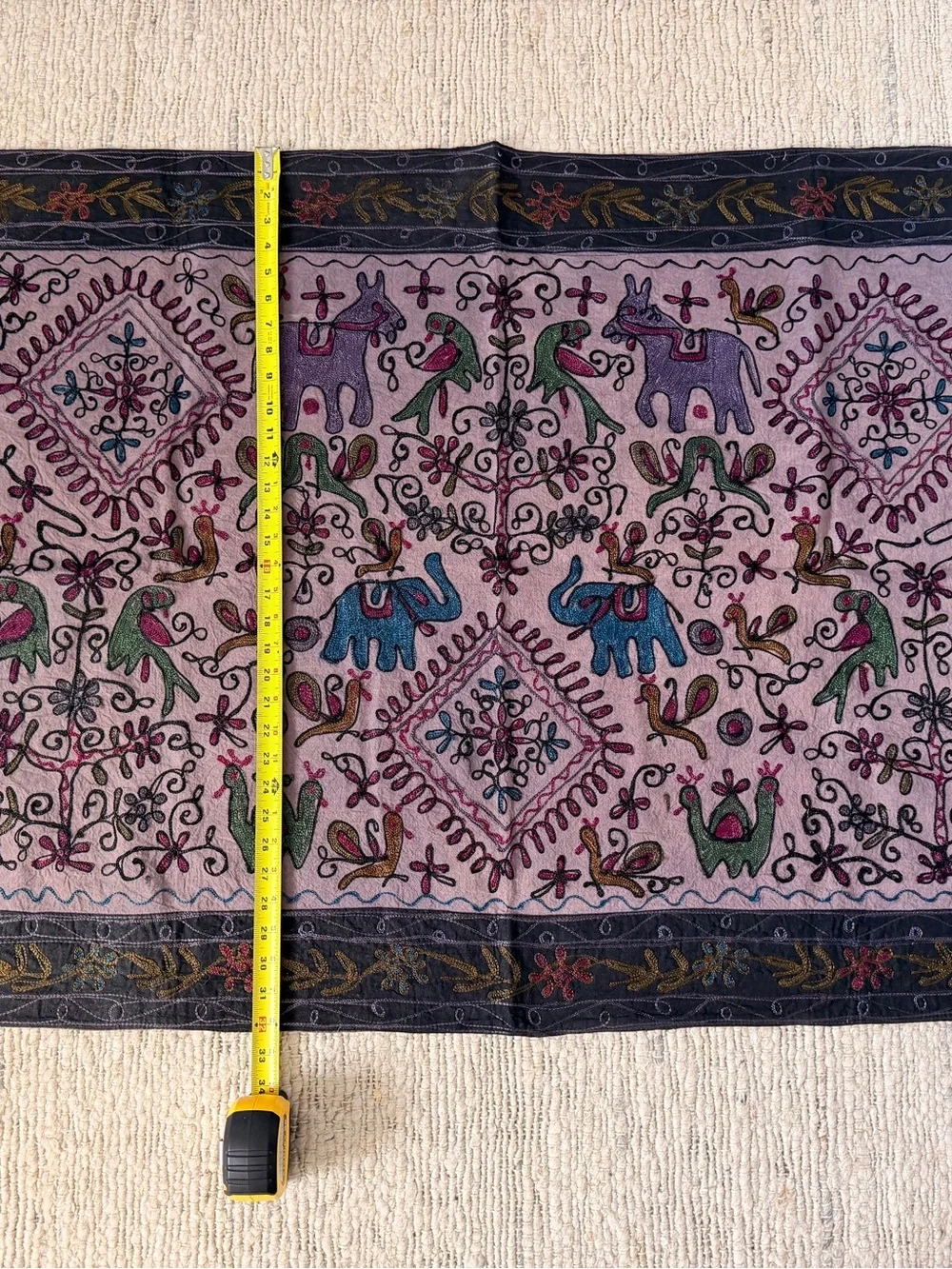 Nepali Embroidered Elephant and Bird Wall Hanging - Multi-Color